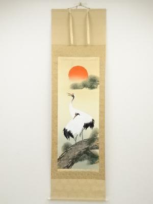 作家物　松上双鶴　肉筆絹本掛軸